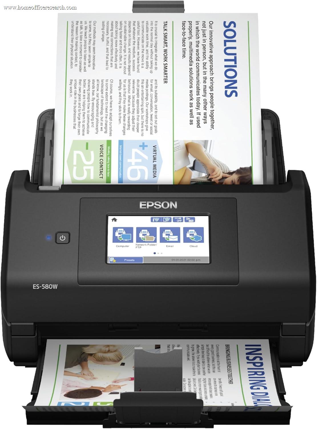 Epson WorkForce ES-580W desktop document scanner with 100-sheet feeder and touchscreen